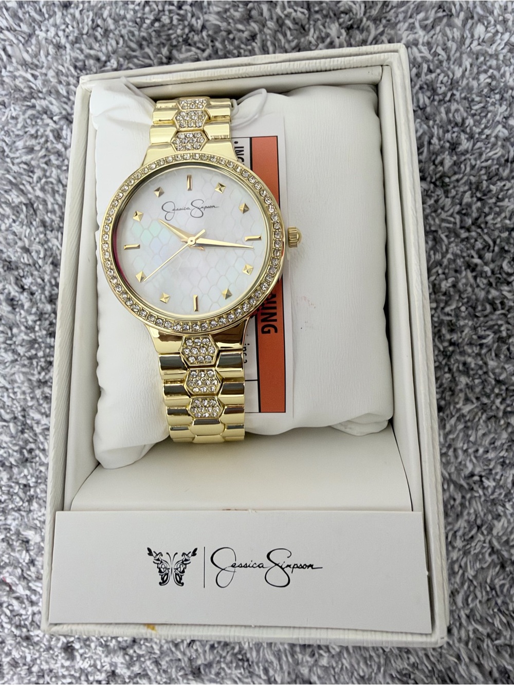 Jessica Simpson Gold-Tone Crystal Bracelet Watch with Mother-of-Pearl Dial
